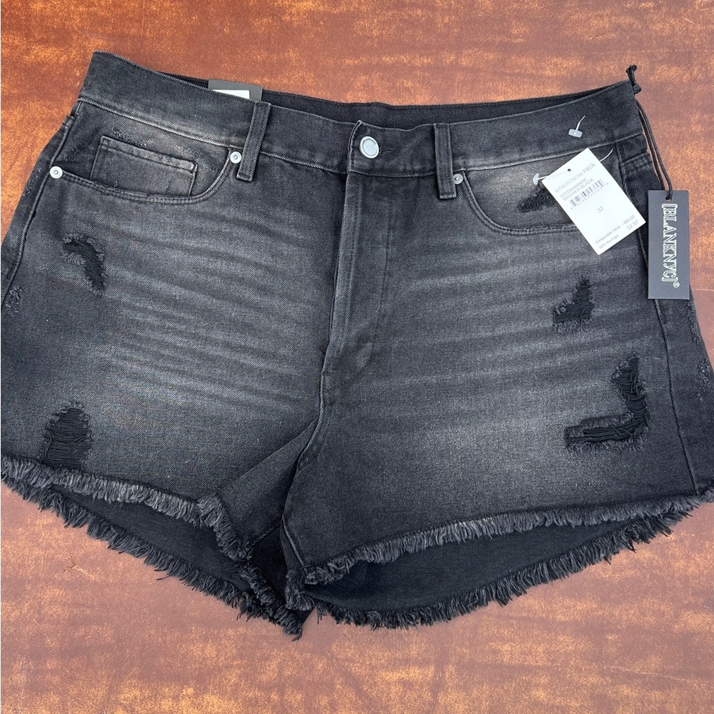 BLANK NYC DENIM WASHED BLACK DISTRESSED SHORTS